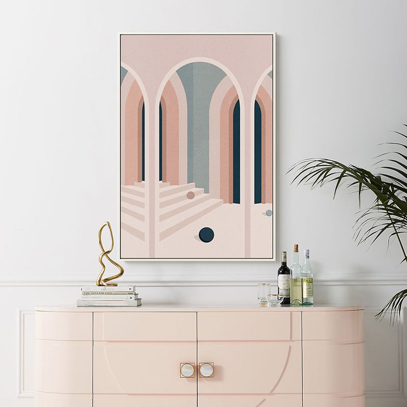 Art de porte cintrée de style scandinave dans une décoration murale texturée de couleur douce pour salle de bain