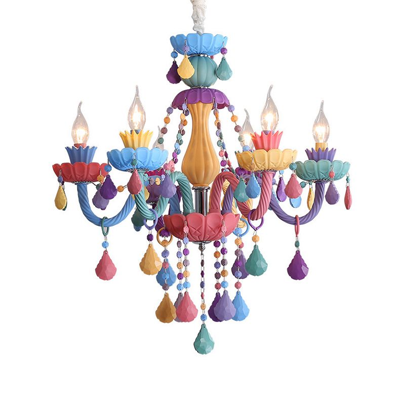 Candle Baby Room Chandelier Metal Macaron Suspension Light with Crystal Drapes