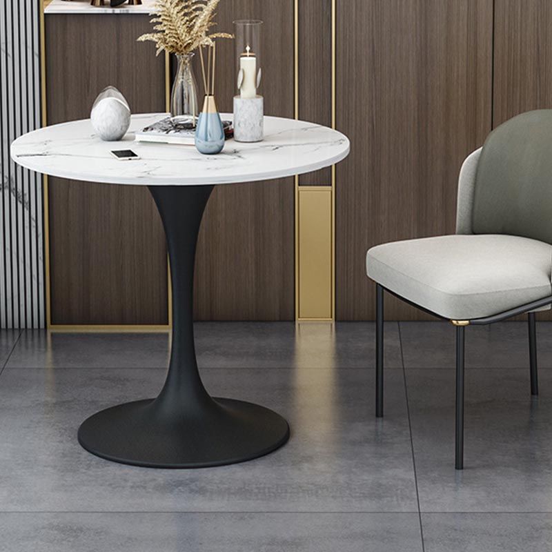 White Sintered Stone Top Table with Tulip Base Metal Traditional Luxury Round Dining Table