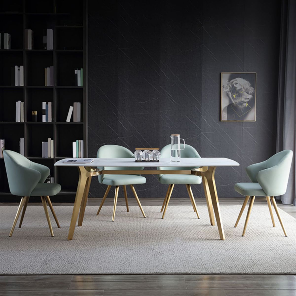 Traditionele luxe eettafel Sintered Stone 4 Legs Tafel met gouden frame