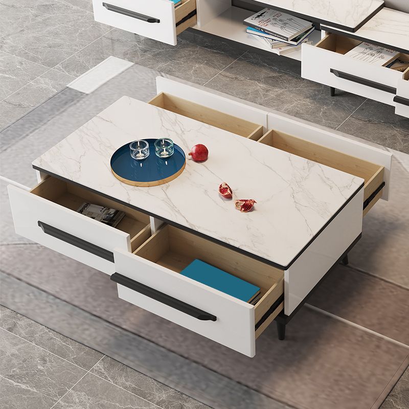Slate Top 4 Legs Coffee Table with Storage Drawers Contemporary White