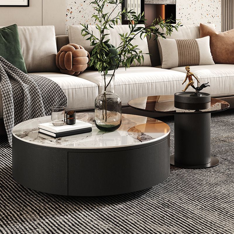 Modern Style Slate Grey/white Top Black Wood Base Round Coffee Table