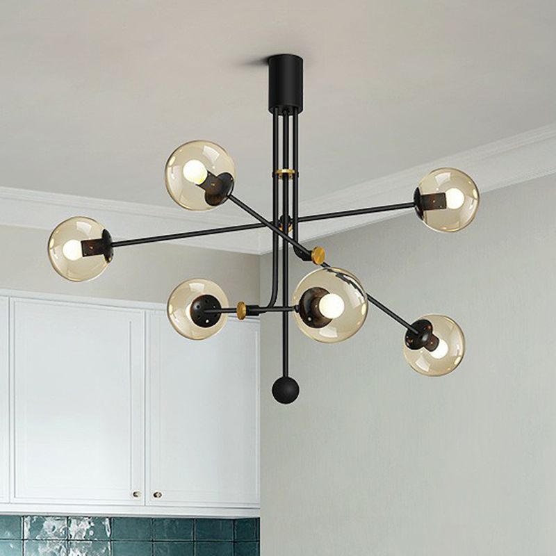 Minimalistic Chandelier Black Vertical Suspension Light with Ball Glass Shade for Restaurant