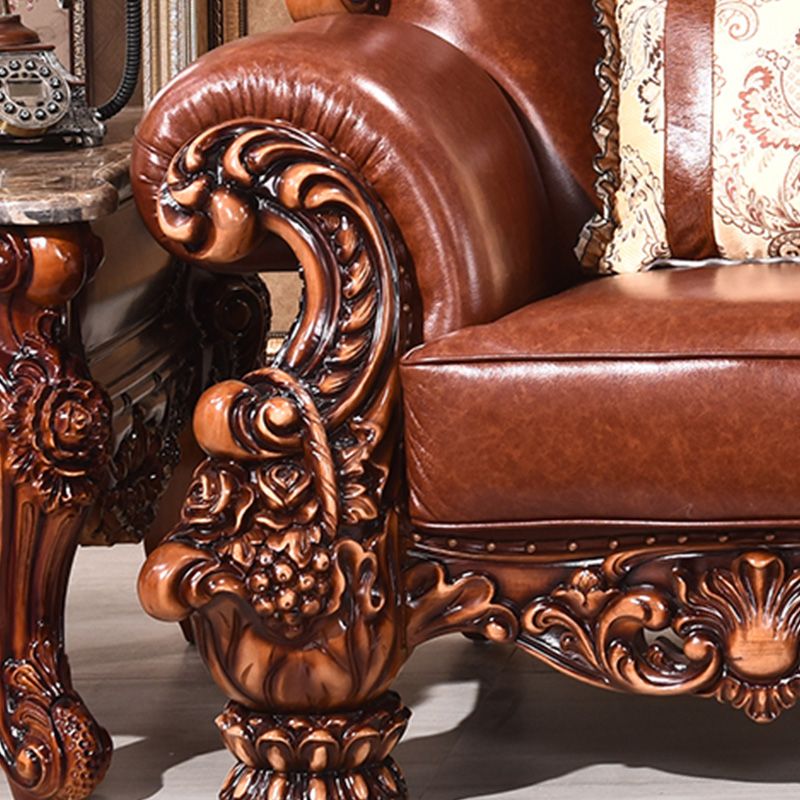 Genuine Leather Sofa Brown Tufted Split-Back Rolled Arm Sofa