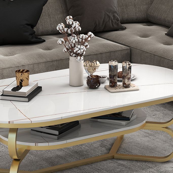 Metal Abstract Base Cocktail Table Oval Slate Top Coffee Table with Shelf