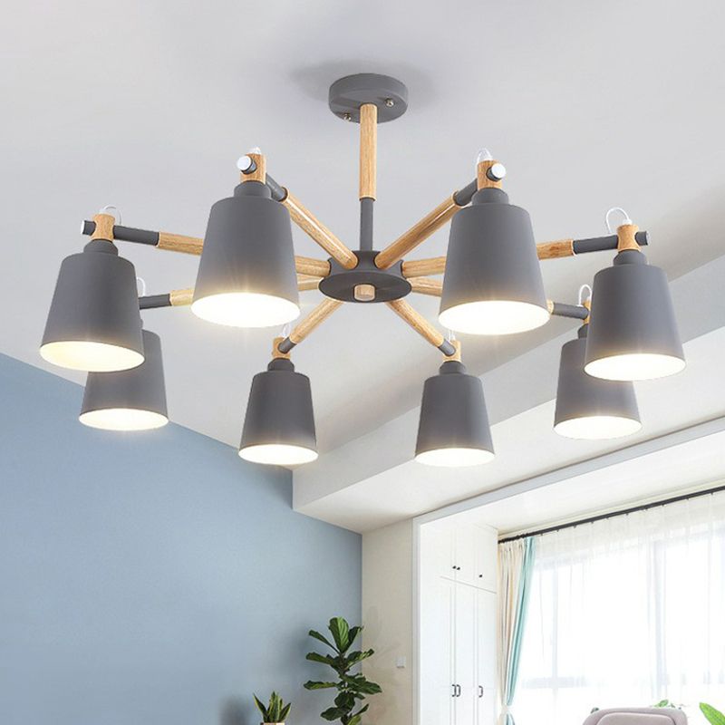 Radial Chandelier Lighting Simplistic Wooden 6 Heads Dining Room Pendant Light with Tapered Metallic Shade