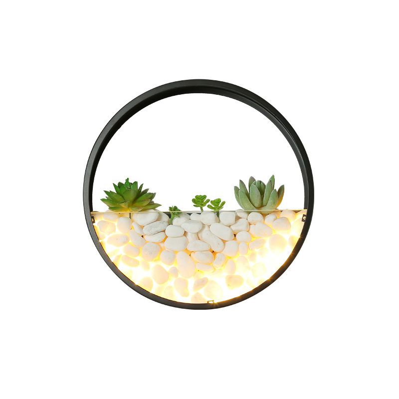 Loop Shaped Wall Sconce Light Decorative Metal Bedroom LED Wall Light with Faux Succulents and Pebbles
