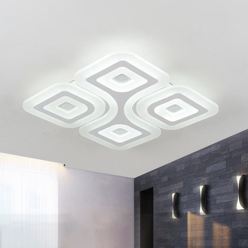 White Square/Rectangle Ceiling Flush Mount Modern 19.5"/23.5"/35.5" Wide LED Acrylic Flush Light with Grid Design, Warm/White Light
