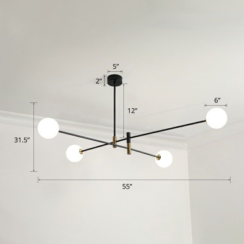 Radial Living Room Hanging Light Opaline Ball Glass Simplicity Chandelier in Black