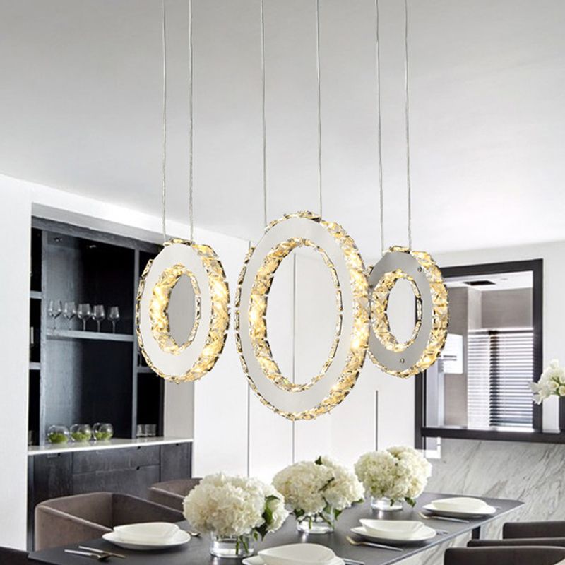 Circular Dining Room Cluster Pendant K9 Crystal 3/5 Lights Modern Style Hanging Lamp in Silver