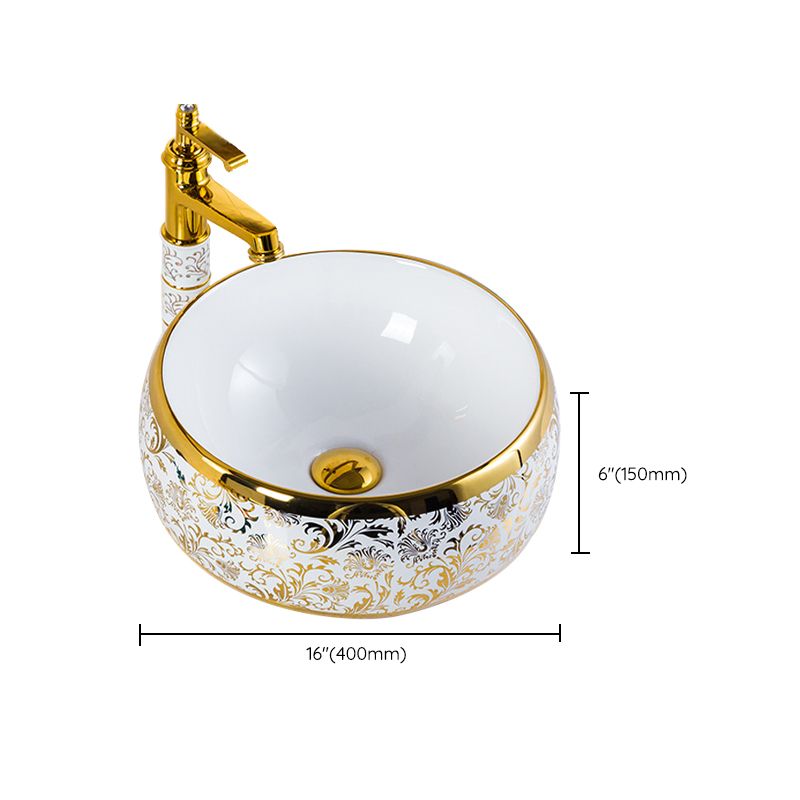 Modern Bathroom Sink Porcelain Round Hand Painted with Overflow and Faucet Wash Stand
