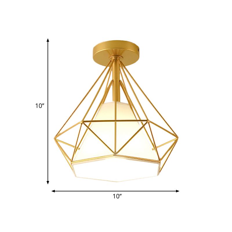 Gold Cage Diamond Semi Flush Hanglamp Vintage Industrieel Metaal 1 Licht Slaapkamer Plafondlamp