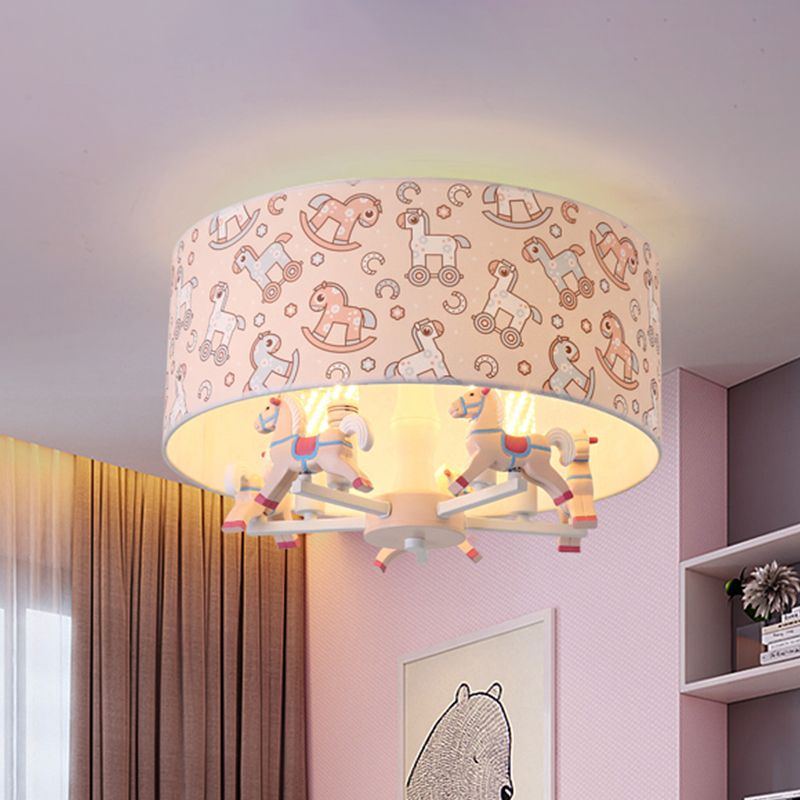 Pink Rounded Semi-Flush Mount Cartoon 5-Bulb Fabric Flush Ceiling Light with Hobbyhorse Decor