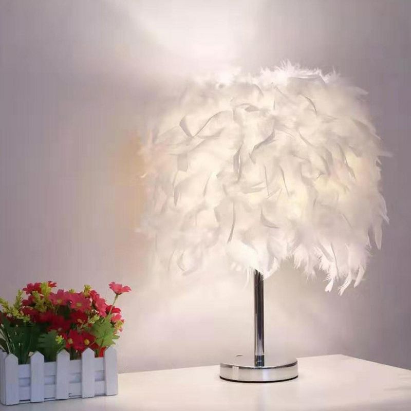 Minimalistic 1 Head Nightstand Lamp Cylindrical Table Light with Feather Shade for Bedroom
