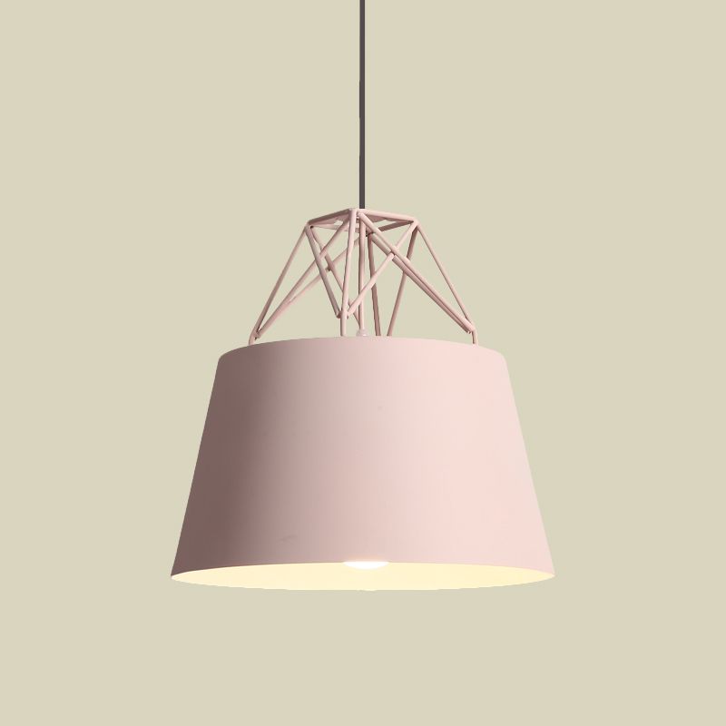 Metallic Backet Shade Pendant Light Restaurant Cage 1 Head Macaron Style Sanging Lamping with Iron Wire