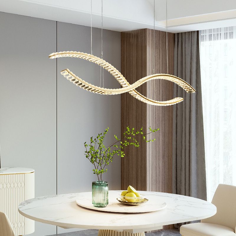 Modern LED Island Light Gold Wavy Crystal Suspension Light for Dining Room