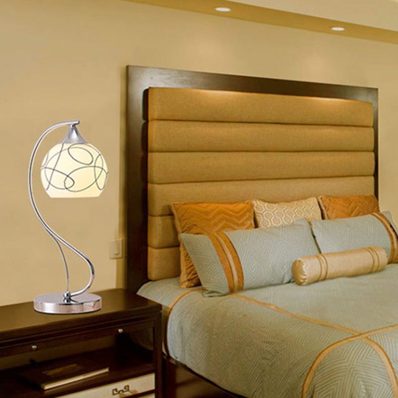 Silver Gooseneck Table Lamp Minimalist 1-Light Metal Table Light with Spherical White Glass Shade