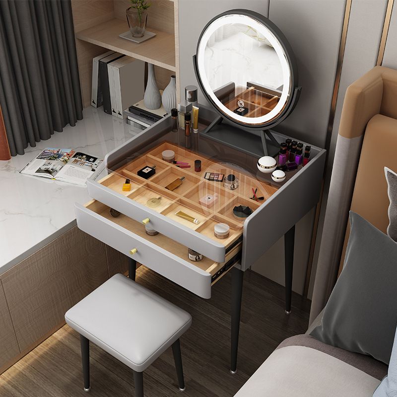 Contemporary 2-Drawer Vanity Makeup Table Set Glass Top Dressing Table Stool Set