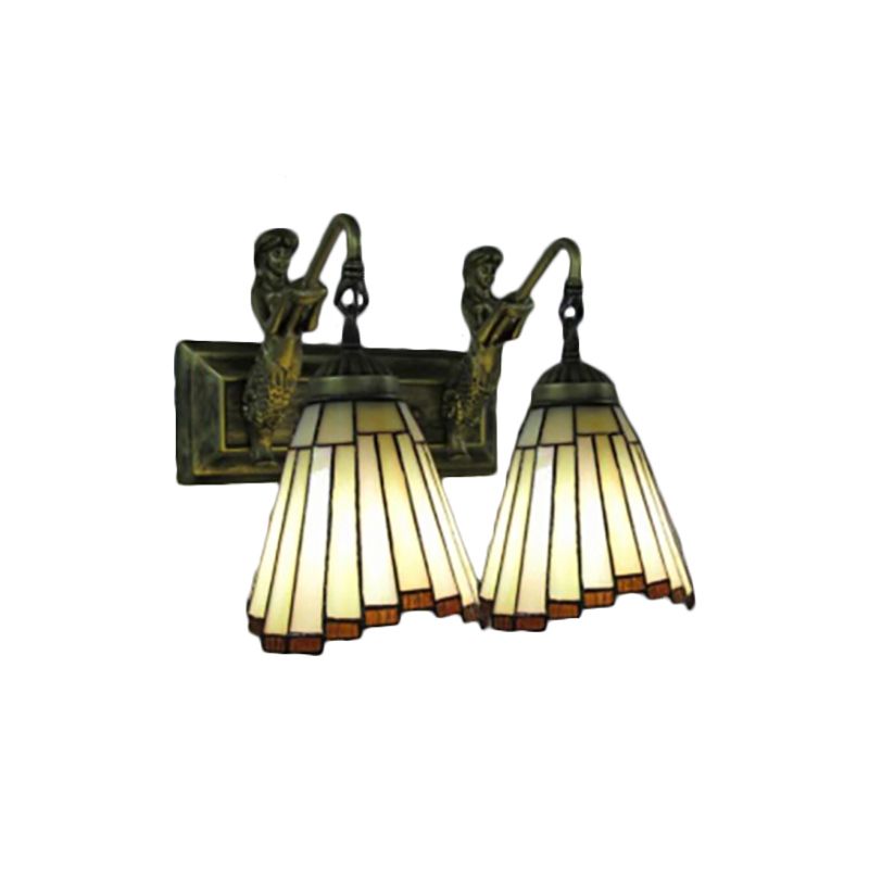 2 Heads Flared Sconce Light Tiffany Yellow Glass Wall Mounted Light Fixture with Mermaid Backplate
