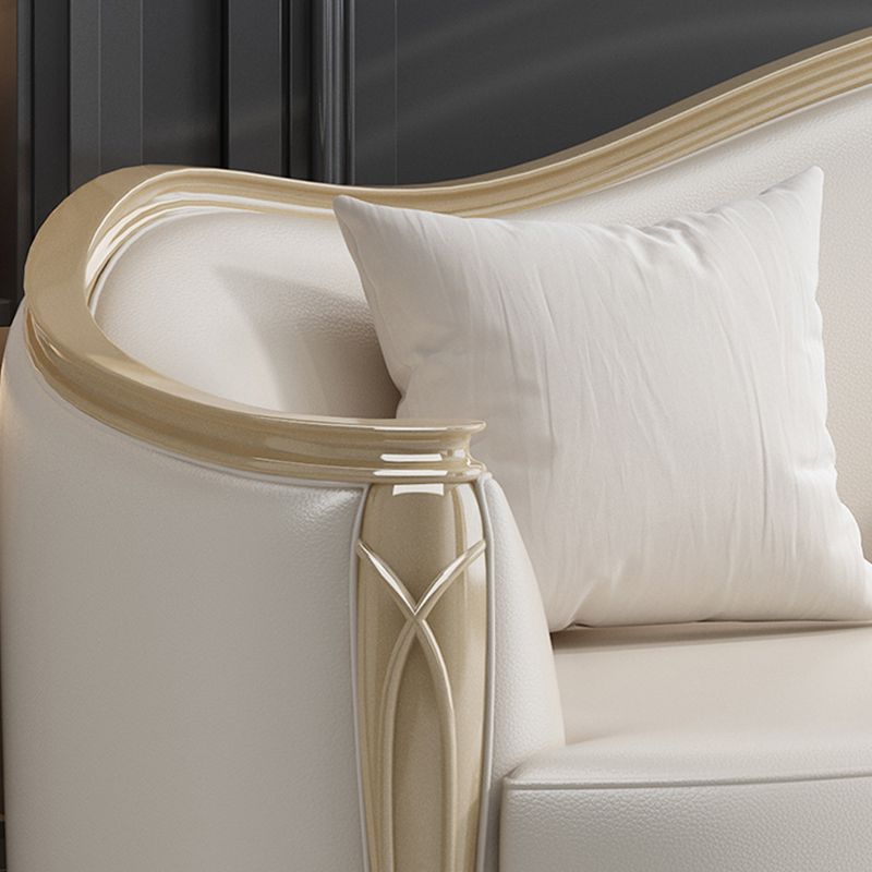 Glam Solid Wood White Genuine Leather Sofa with Pillows for Living Room