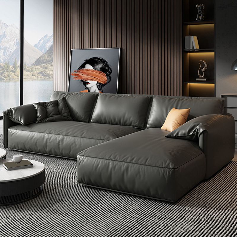 Black Genuine Leather Cushion Back Sectionals 70" Wood Stationary Sectionals