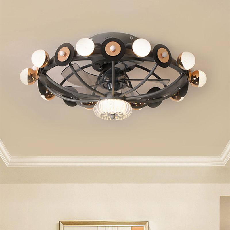 Oval Cage Metallic Pendant Fan Lamp Modernist 25.5" W 11 Heads White/Grey/Coffee Semi Flushmount, 4 Blades
