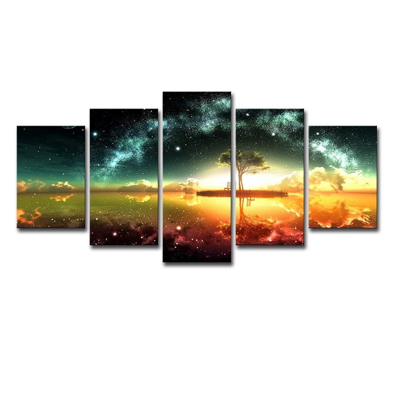 Digital Print Contemporary Canvas Art with Lakeside Tree and Starry Sky Scenery, Green