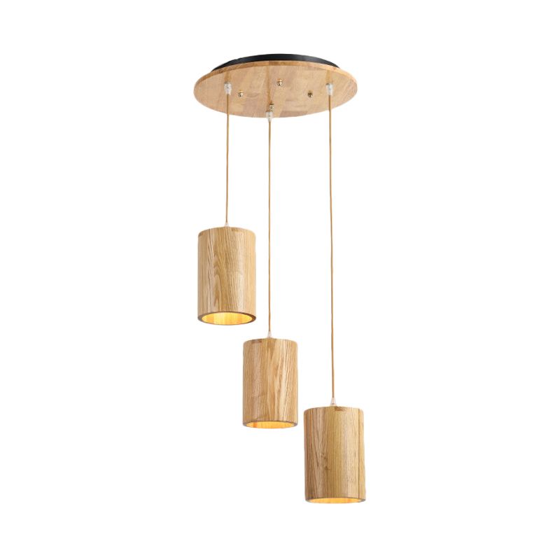 Column Multi-Pendant Cottage Wood 3 Heads Dining Table Suspension Lighting with Height Adjustable Design