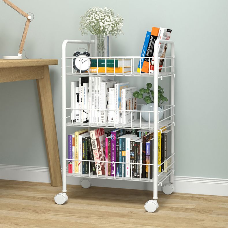 Modern Style Bookshelf White Open Back Metal Bookcase with Caster Wheels