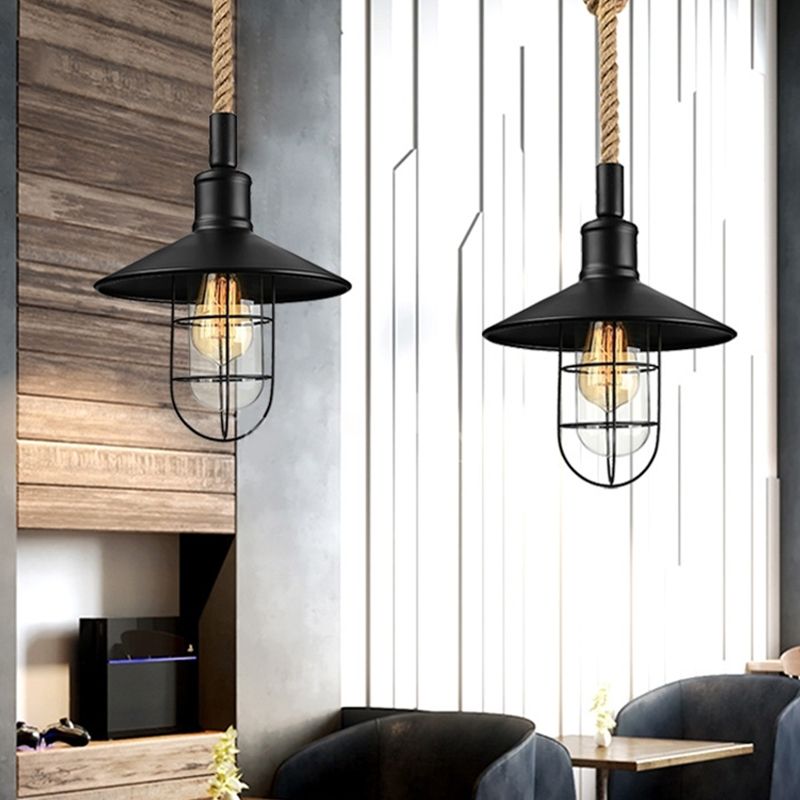 Barn/Bowl/Saucer Iron Suspension Light Farmhouse Single Dining Room Ceiling Pendant in Black with Hemp Rope Cord