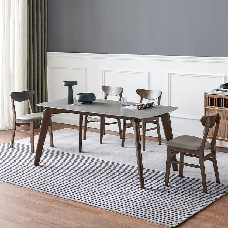 Mid-Century Modern Rectangle Table Grey Sintered Stone Table with 4 Ash Solid Wood Legs
