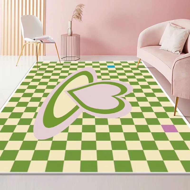 Green Lattice Print Rug Polyester Modern Washable Rug Non-Slip Backing Rug for Living Room