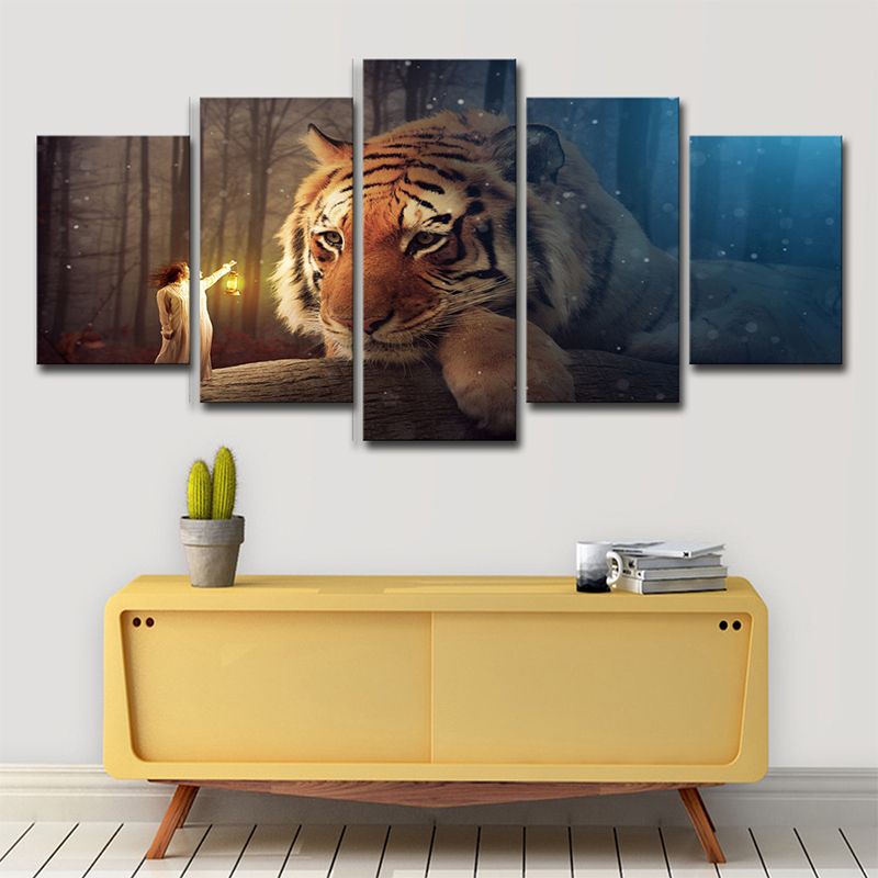 Yellow Kids Canvas Digital Print Giant Tiger and Tiny Girl Wall Art for Living Room