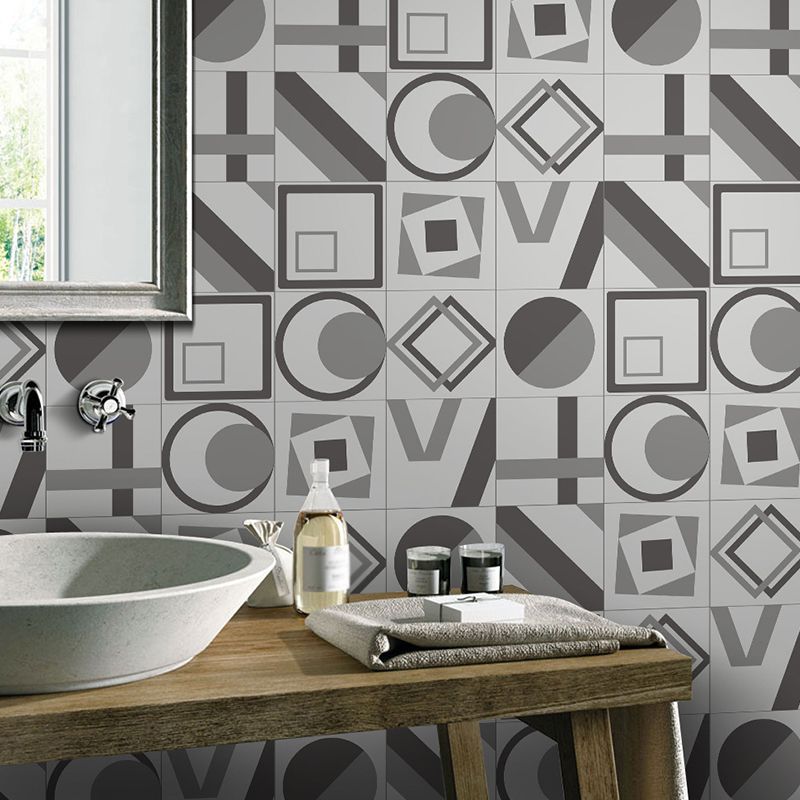 Grey Geometric Shape Wallpaper Panel Set Peel and Paste Modern Bathroom Wall Art