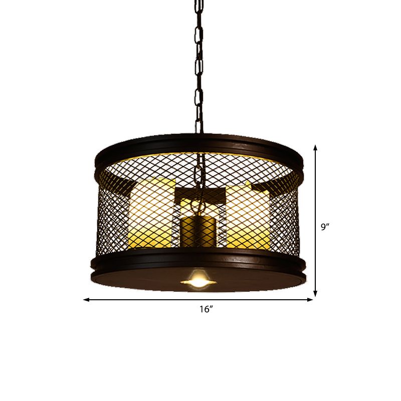 Black Drum Shade Chandelier Industrial Metal and Resin 3-Light Living Room Pendant Lighting Fixture with Cage