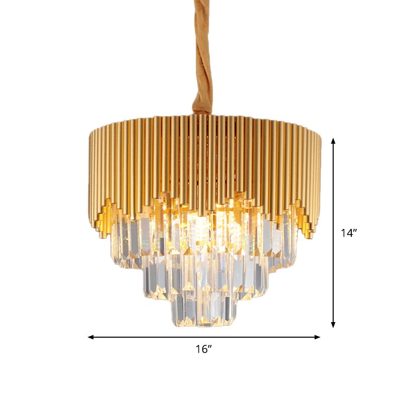 4/6/8 Heads Clear Crystal Prisms Chandelier Modern Gold Finish Tapered Great Room Suspension Pendant, 16"/19.5"/23.5" Wide