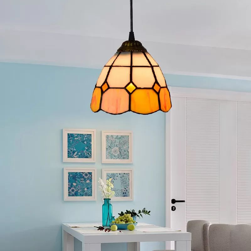 1 Bulb Ceiling Pendant Light Tiffany-Style Flower Handcrafted Stained Glass Suspension Lighting in Yellow/Light Blue/Dark Blue