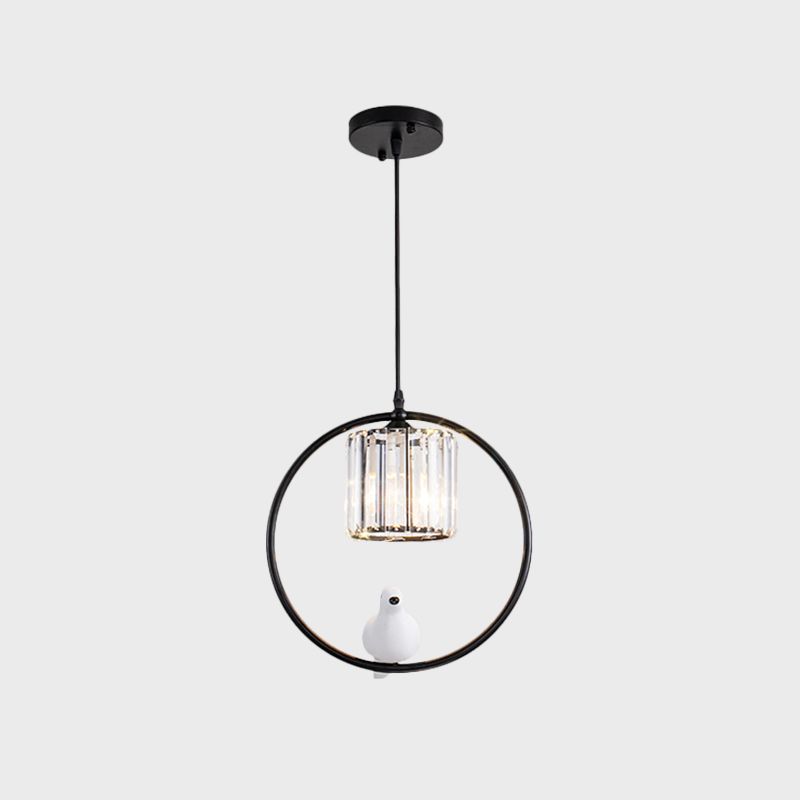Black/Gold Hoop Pendulum Light Modern Iron 1 Head Living Room Drop Pendant with Bird and Cylinder Crystal Shade