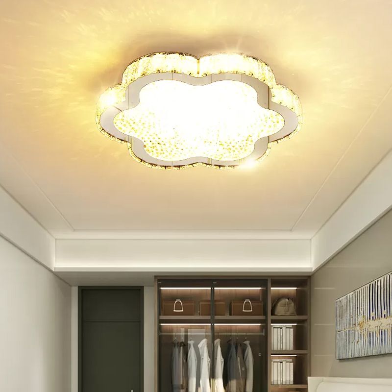 Modern Style Petal Flush Ceiling Light Clear Crystal LED Porch Lighting Fixture in Stainless-Steel