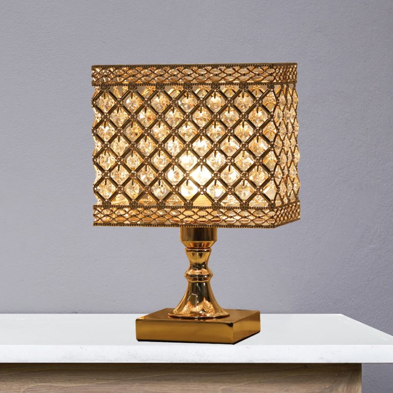 Gold Geometry Reading Light with Grid/Dot Design Modernist 1-Light Crystal Encrusted Nightstand Lamp for Bedside