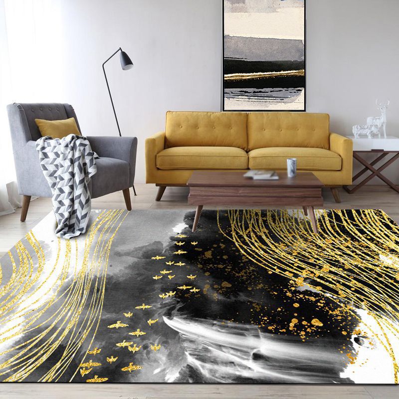 Modern Living Room Rug in Black and Yellow Abstract Waterfall Bird Line Print Rug Polyester Washable Area Rug