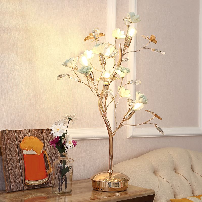 Floral Ceramic Table Light Pastoral Style Living Room Nightstand Lamp with Decorative Crystal