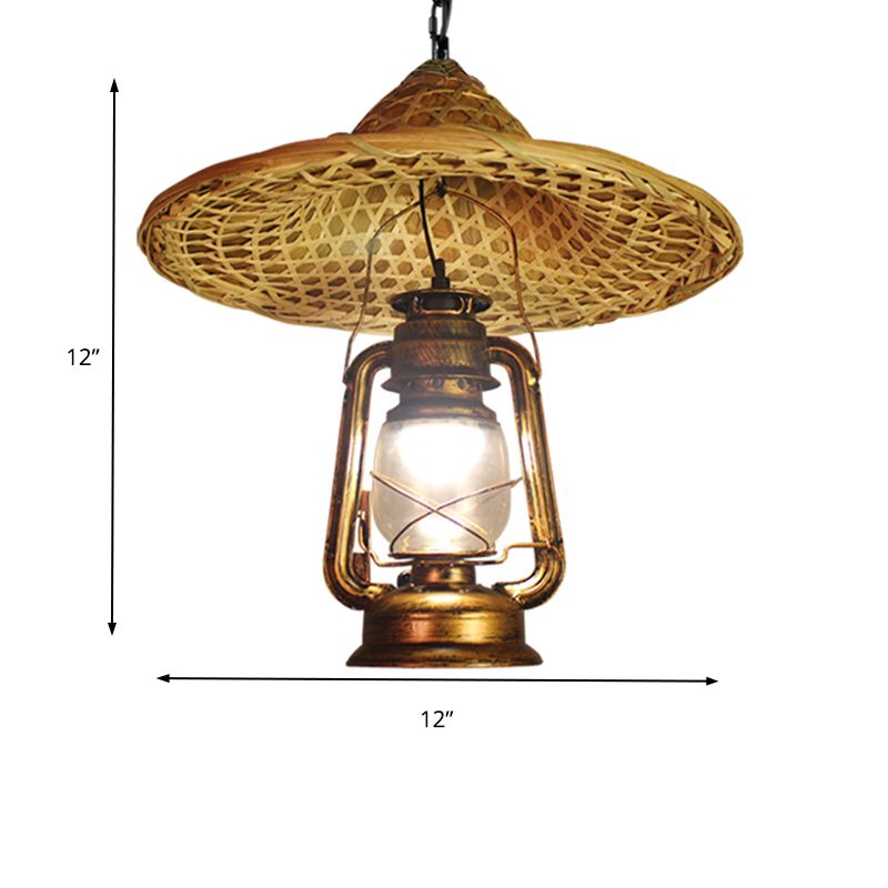 Metall Lantern Schatten Hängender Licht Country Style 12 "/23,5" W 1 Glühbirne Beige Anhänger Beleuchtung mit Rattan Hat Design
