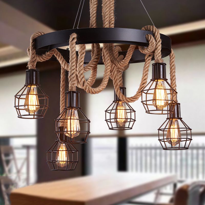 Luces de araña de ruedas de carretas de alambre negro Lámpara de restaurante de cáñamo industrial antiguo