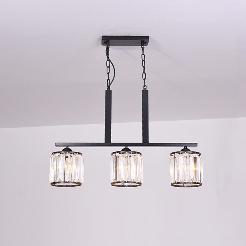 3-Light Cylindrical Island Pendant Rustic Black Prismatic Crystal Ceiling Pendant over Table