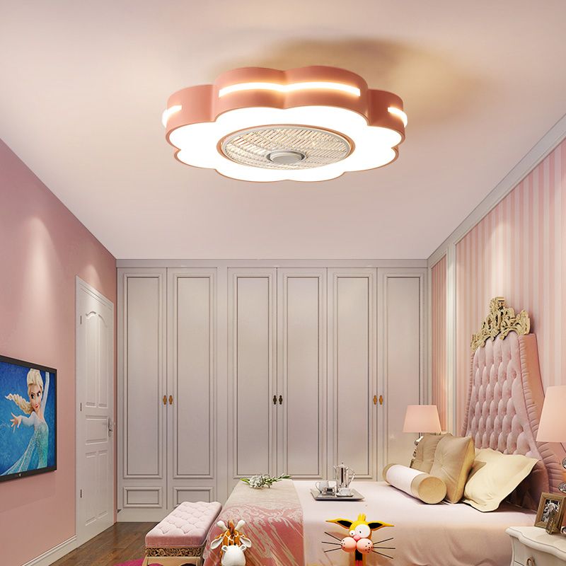 Macaron Drum Shaped Ceiling Fan Metal Child Bedroom LED Semi Flush Light