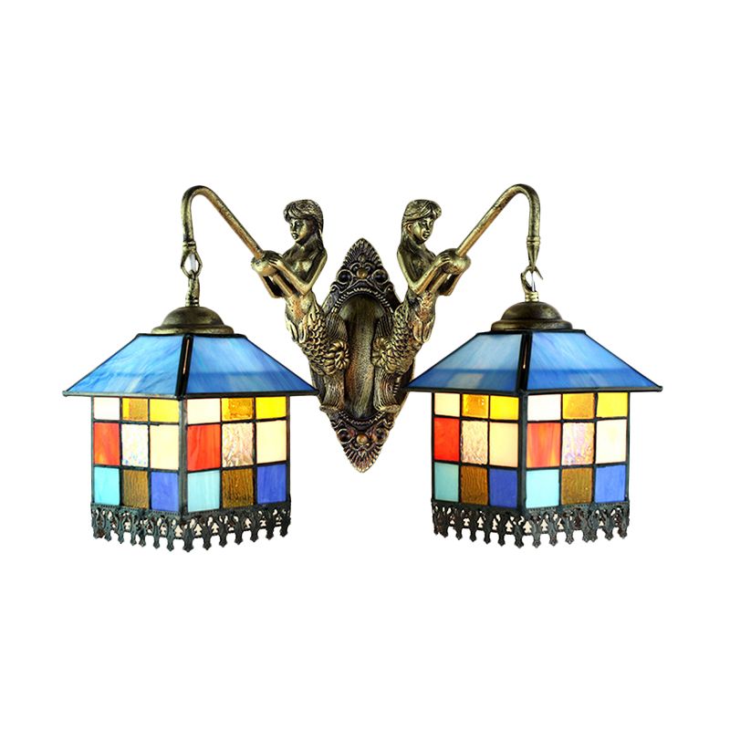 House Wall Light Fixture Tiffany Multicolor Stained Glass 2 Heads Clear/Blue Sconce Lighting