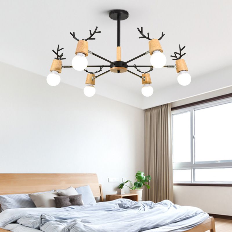 Modern Wooden Simplicity Chandelier Exposed Bulb Design Creative Bedroom Hanging Pendant Lights with Antlers Decoration