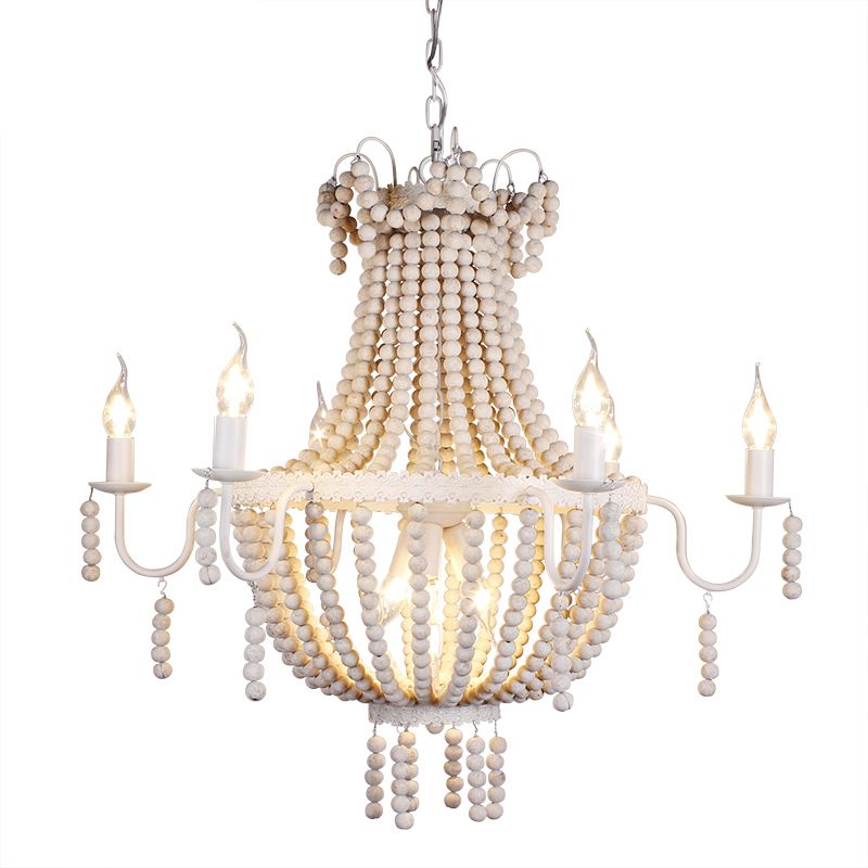 Distressed White Beaded Chandelier Country Style Wooden Living Room Pendant Light