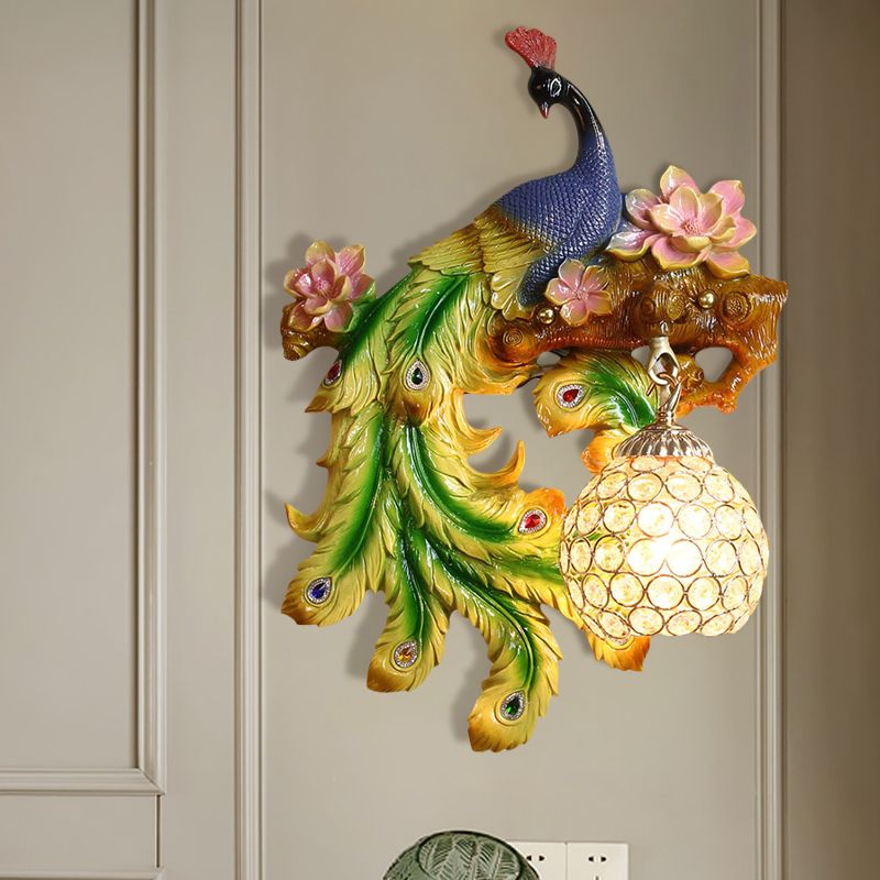 Peacock and Flower Bedroom Sconce Traditional Resin Single Head Blue-Green Wall Lighting Fixture with Orb Hand-Cut Crystal Shade, Left/Right